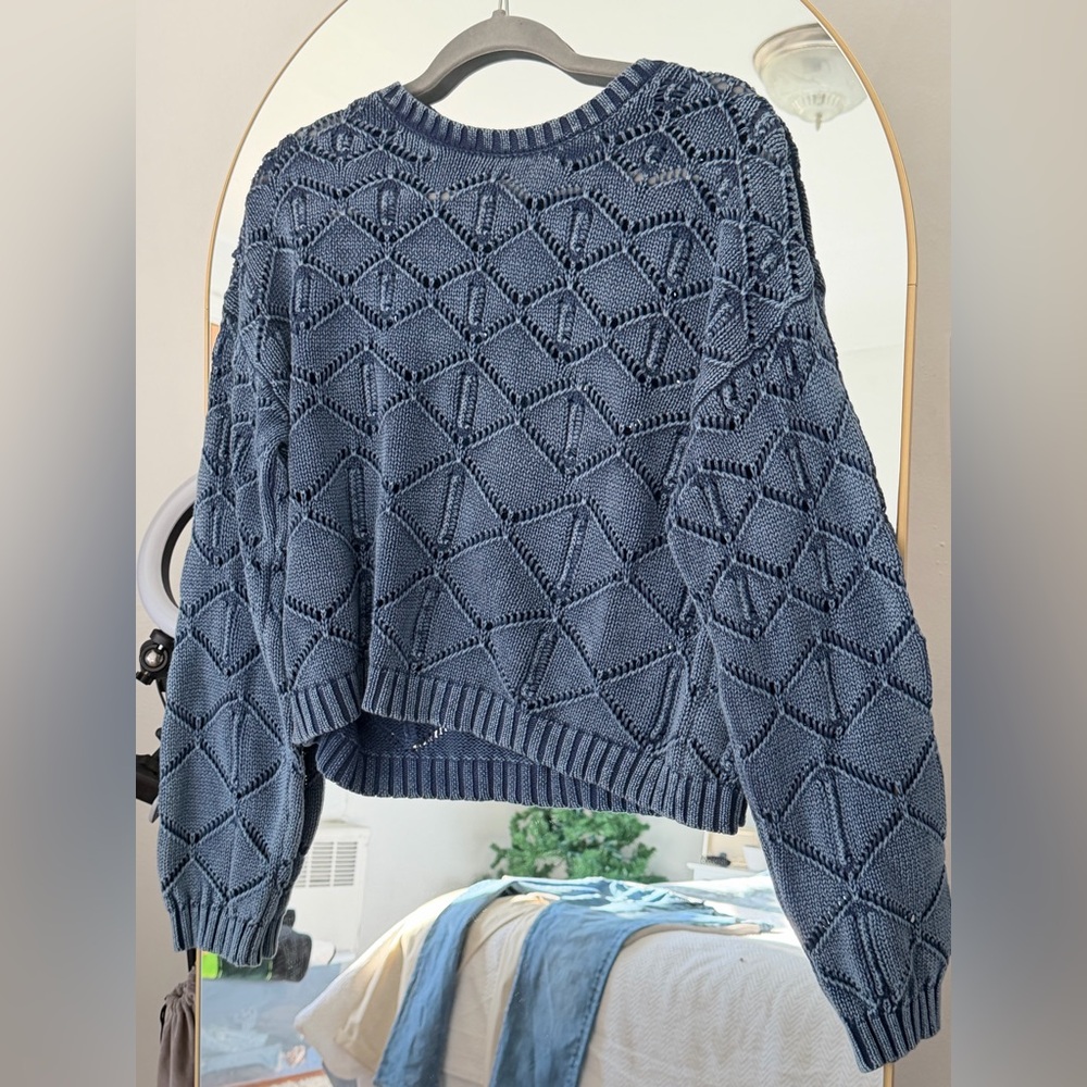 Z Supply Blue Textured Crochet Knit Sweater – 100% Cotton | Size Large | Oversiz